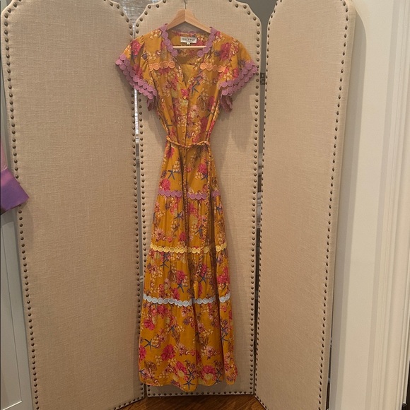 Hale Bob Yellow Floral Dress with Pink Lace - Picture 1 of 8